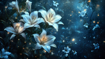 Wall Mural - serene scene featuring white lilies illuminated in mystical blue environment, surrounded by soft glowing lights and delicate flowers