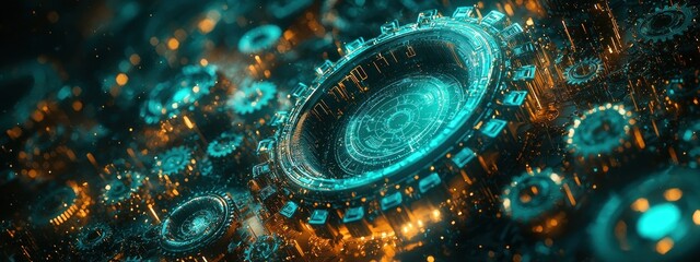 Poster - Abstract Futuristic Machinery with Glowing Cyan and Orange Elements