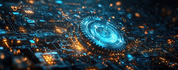 Fototapete - Futuristic Glowing Gear in a Technological Circuitry Landscape