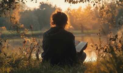 a person sits in nature, journaling thoughtful reflections using mental health prompts, focusing on 