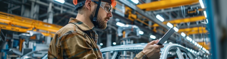 Poster - An industrial engineer in a hard hat and safety glasses uses a tablet to inspect the assembly line in a modern car manufacturing plant, highlighting technology integration in production.