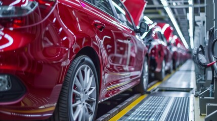 Poster - A state-of-the-art car manufacturing line showcasing a series of red vehicles in various stages of assembly inside a high-tech facility, highlighting the advances in automobile production technology.