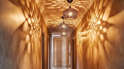 Poster - A hallway with three pendant lights casting intricate shadows on the walls.