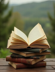 Aufkleber - An open book sits atop a stack of vintage volumes surrounded by a scenic backdrop and plenty of empty space to write