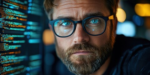 Aufkleber - Close-up of a Man's Face with a Beard and Glasses Looking at a Computer Screen with Code Reflected in His Glasses
