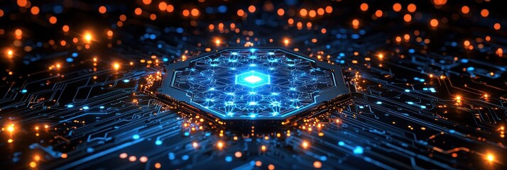 Poster - Glowing Blue Circuit Board with Hexagon Pattern and Orange Lights