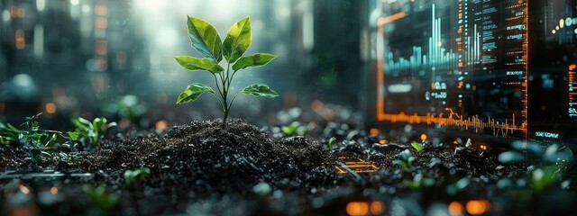 Poster - A Small Plant Sprouting Through Dark, Tech-Infused Soil