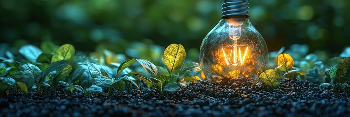Poster - Glowing Light Bulb Amidst Lush Greenery