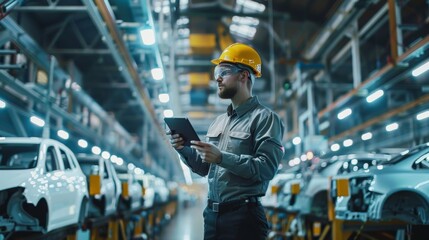 Poster - A factory worker in a yellow hard hat uses a tablet to inspect the car production line in a modern automotive plant. The image highlights industrial technology and manufacturing processes.
