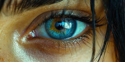 Poster - Close-up of a Blue Eye with a Reflection of a Cityscape