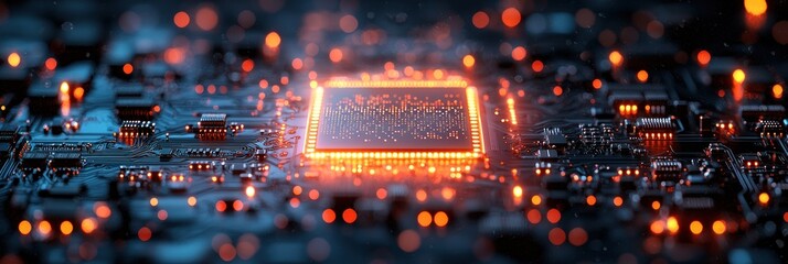 Poster - Illuminated Circuit Board with a Glowing Processor Chip