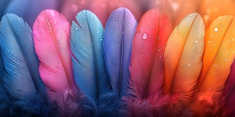 Poster - Colorful Bird Feathers with Water Droplets