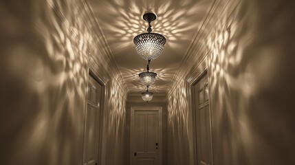 Poster - A long hallway with three crystal chandeliers casting intricate shadows on the walls.