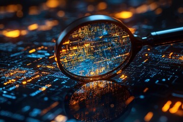 Poster - Magnifying Glass Revealing Glowing Circuit Board with Orange Lights
