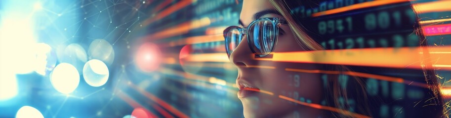 Poster - In a futuristic digital setting, a woman in glasses is surrounded by glowing data streams, reflecting advanced technology, cybersecurity, data analysis, and innovation in the digital age