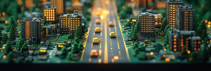 Poster - Miniature Cityscape Built on a Circuit Board with Cars Driving on a Roadway