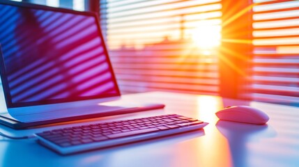 Poster - Modern Office Desk with Laptop  Keyboard  and Mouse in Sunset Light