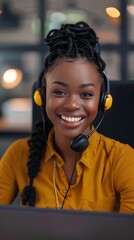 Poster - A cheerful customer service representative wearing a headset and yellow top, ready to assist in a modern office environment. She is engaging and professional, making a great impression.