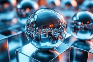 Poster - Reflective Sphere Resting on Metallic Cubes with Blurry Background
