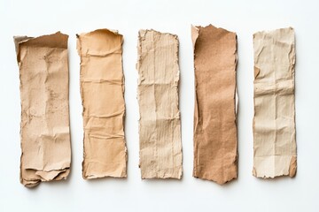 Poster - Five vertical torn cardboard strips on a clean white background illuminate the rustic and natural textures and warm tones of aged paper material.