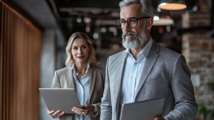 Poster - A mature businessman and businesswoman walk through an office hallway while looking ahead, both holding digital tablets in their hands.