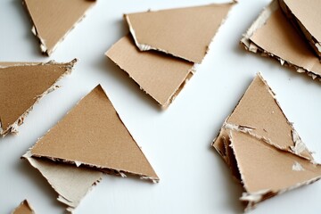 Fototapete - A collection of small triangular cardboard pieces laid out, emphasizing geometric shapes and creating an aesthetically pleasing design with sharp edges on a muted background.