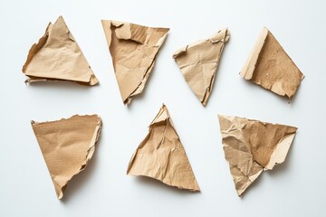 Fototapete - Crumpled triangular cardboard pieces scattered on a surface, each piece exhibiting rugged texture and earth tones, creating a dynamic composition with depth and interest.