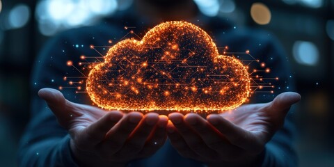 Fototapete - Person holding a glowing digital cloud in their hands
