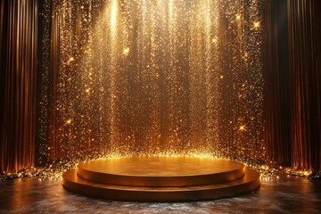 Poster - Golden Stage with Glittering Lights and Curtains