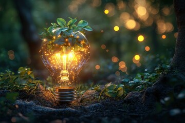 Poster - Illuminated Light Bulb with Green Plant Growing Inside in Forest Setting
