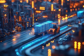 Poster - A Forklift Carrying Blue Cubes in a Futuristic Cityscape