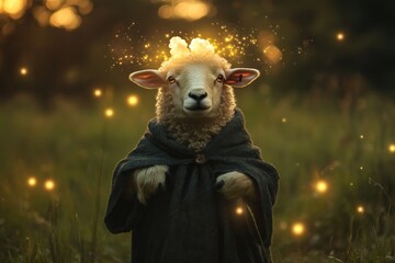 Aufkleber - A sheep in a dark cloak stands in an enchanted setting with sparkles enveloping it at twilight, highlighting the magical and surreal atmosphere of the scene.