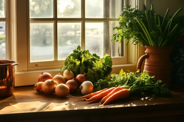 Poster - A bright kitchen scene featuring fresh vegetables like onions, carrots, and leafy greens, beautifully arranged on a wooden countertop by the window, bathed in sunlight.
