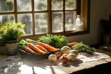 Aufkleber - Fresh carrots and onions, along with lush greens, are beautifully laid out on a kitchen table, illuminated by revitalizing natural sunlight that enhances their colors.