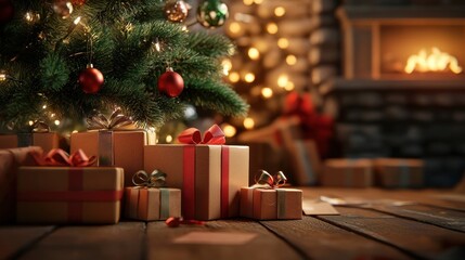 Wall Mural - cozy christmas scene with gifts and a glowing fireplace