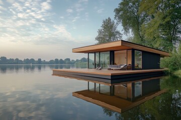 Poster - A peaceful modern floating lake house with a glass façade and wooden deck sits amidst lush trees, reflecting on the placid water under a soft blue sky.