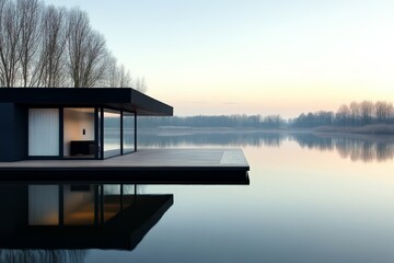 Aufkleber - A contemporary black floating house on a calm lake at dusk. Bare winter trees surround the tranquil scene, reflecting perfectly on the still water's surface.