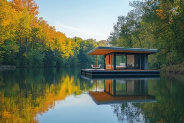 Poster - A minimalistic floating cabin on a glassy lake, surrounded by colorful autumn trees. The reflections highlight the beauty of nature and modern design harmony.