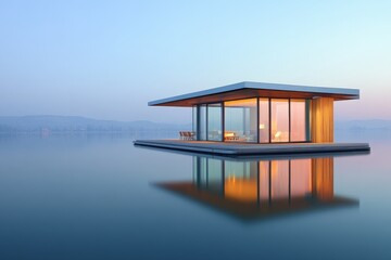 Leinwandbilder - Modern minimalist floating home on calm blue waters reflecting the serene sky. The elegant, simple lines present a harmony between nature and architecture.