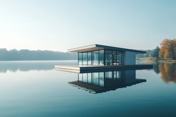 Aufkleber - A modern glass house with clean lines floats atop a tranquil lake, reflecting its elegant form on a still morning. Surrounded by lush trees, it exudes serenity and calm.