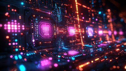 Poster - Abstract Neon Lights on a Circuit Board Pattern