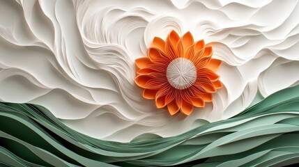 An orange paper flower blooms atop a textured, abstract landscape of white and green paper waves.