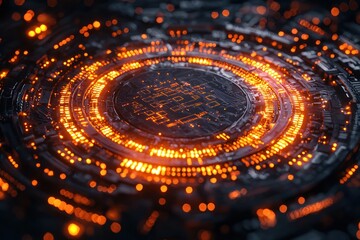 Poster - Abstract Futuristic Technology Circuit Board with Glowing Orange Lights
