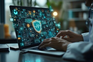 Poster - Doctor using laptop with digital health shield on screen