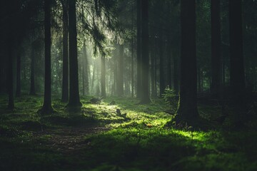 Poster - A dramatic forest scene with dense, towering trees and striking rays of sunlight filtering through, highlighting the vivid green canopy and creating an aura of mystery.