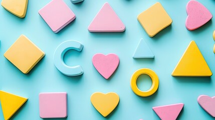 Poster - Colorful geometric shapes on a blue background, vibrant and playful design.