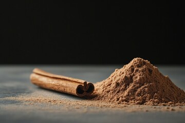 Poster - Aromatic ground cinnamon accompanied by a whole cinnamon stick, showcasing the rich, warm spice often used in cooking and baking, adding flavor and depth.