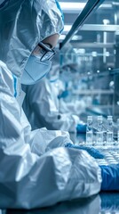 Aufkleber - Dressed in protective gear, scientists work in a hightech lab conducting precise and innovative experimental research with test tubes, prioritizing safety in their work environment