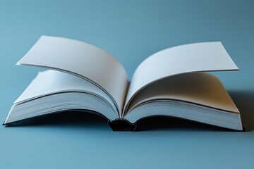Poster - Open Book with White Pages and Black Cover on a Blue Surface