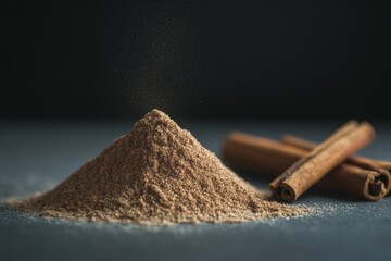 Poster - A finely ground heap of cinnamon powder accompanied by cinnamon sticks, artistically set on a dark surface with delicate lighting highlighting the aroma.